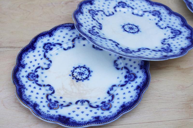 photo of 6 antique flow blue china luncheon plates, Grindley England Keele pattern #11