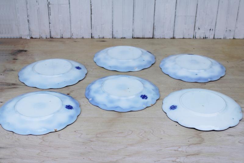 photo of 6 antique flow blue china luncheon plates, Grindley England Keele pattern #15