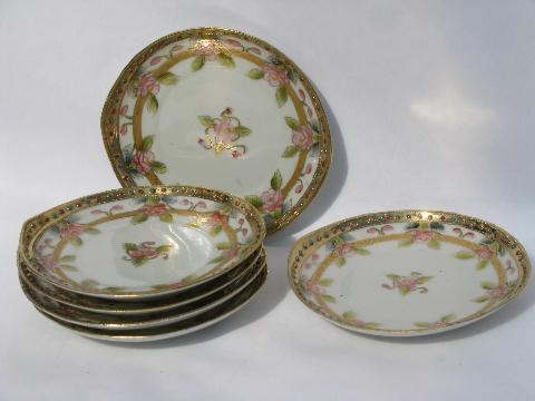 photo of 6 antique hand-painted Nippon china plates, old Japan moriage porcelain #1