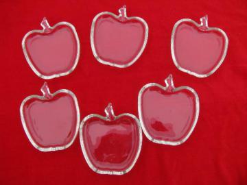catalog photo of 6 apple shape vintage glass dishes, small butter pats or side plates