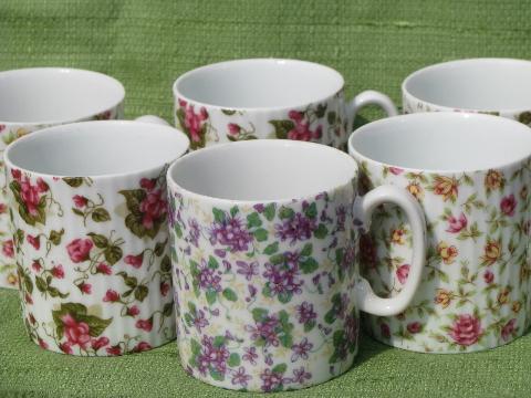 photo of 6 chintz china coffee cups, vintage Japan mugs, all-over flowers #1