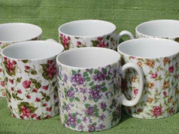 catalog photo of 6 chintz china coffee cups, vintage Japan mugs, all-over flowers