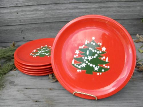 photo of 6 red and green Christmas Tree dinner plates, Waechtersbach pottery #1