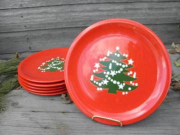 catalog photo of 6 red and green Christmas Tree dinner plates, Waechtersbach pottery