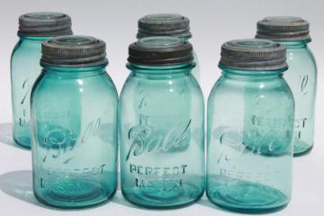 catalog photo of 6 vintage quart size aqua blue Ball mason jars lot, antique canisters, old ring / glass lids
