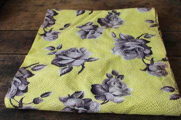 catalog photo of 6 yards vintage plisse fabric, crinkle cotton w/ grey roses floral on soft yellow