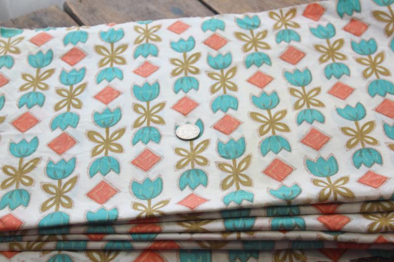 photo of 6 yds 1960s vintage cotton fabric, tulips print coral aqua olive green #1