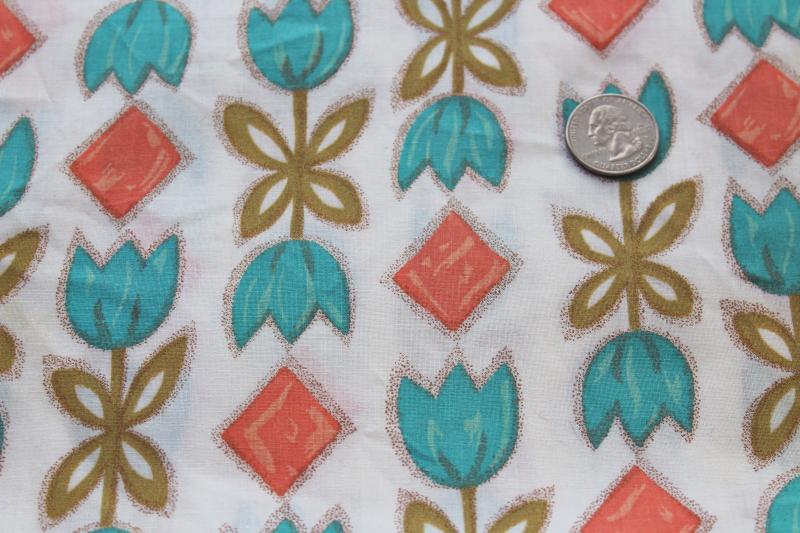 photo of 6 yds 1960s vintage cotton fabric, tulips print coral aqua olive green #2