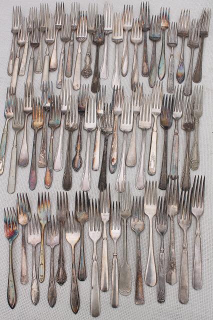 photo of 60 antique & vintage silver plate forks, shabby tarnished silverware flatware lot #1