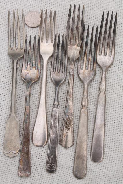 photo of 60 antique & vintage silver plate forks, shabby tarnished silverware flatware lot #3