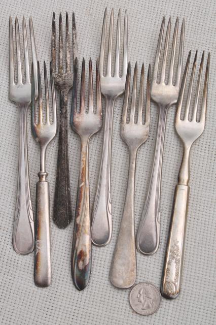 photo of 60 antique & vintage silver plate forks, shabby tarnished silverware flatware lot #5