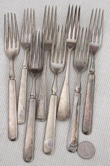 photo of 60 antique & vintage silver plate forks, shabby tarnished silverware flatware lot #9