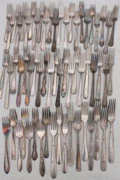 catalog photo of 60 antique & vintage silver plate forks, shabby tarnished silverware flatware lot