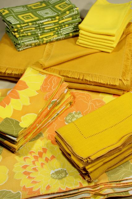 photo of 60s 70 vintage table linens napkins lot, retro flowers, avocado green & yellow gold #1