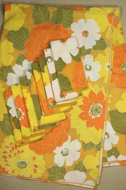 photo of 60s 70 vintage table linens napkins lot, retro flowers, avocado green & yellow gold #12