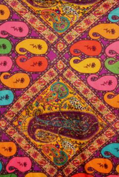 catalog photo of 60s 70s hippie vintage poly tricot knit fabric, boho gypsy style paisley in bold colors