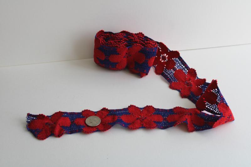 photo of 60s 70s hippie vintage sewing trim wide woven daisy flowers in red & blue yarn #1