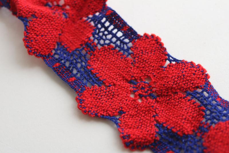 photo of 60s 70s hippie vintage sewing trim wide woven daisy flowers in red & blue yarn #3