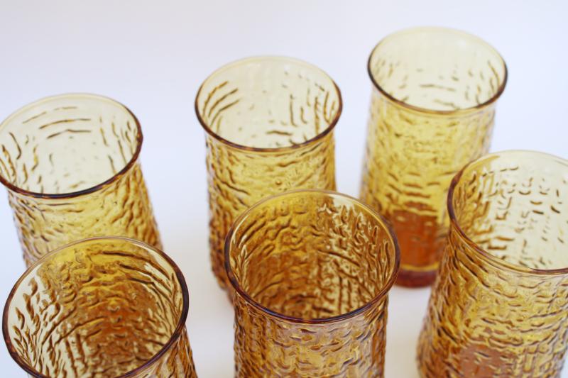 photo of 60s 70s mod vintage amber glass tumblers, crinkle textured glass barware #2