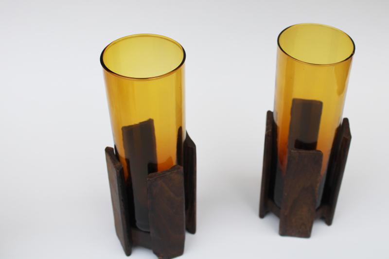 photo of 60s 70s mod vintage candle holders, amber glass hurricanes w/ wood stands #1