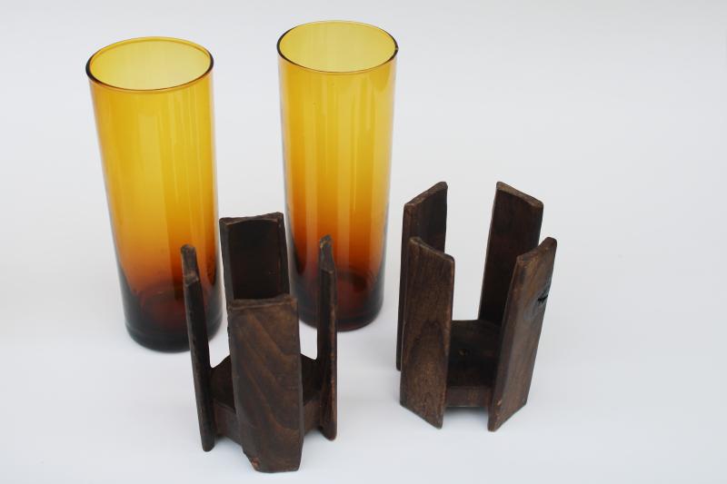 photo of 60s 70s mod vintage candle holders, amber glass hurricanes w/ wood stands #2