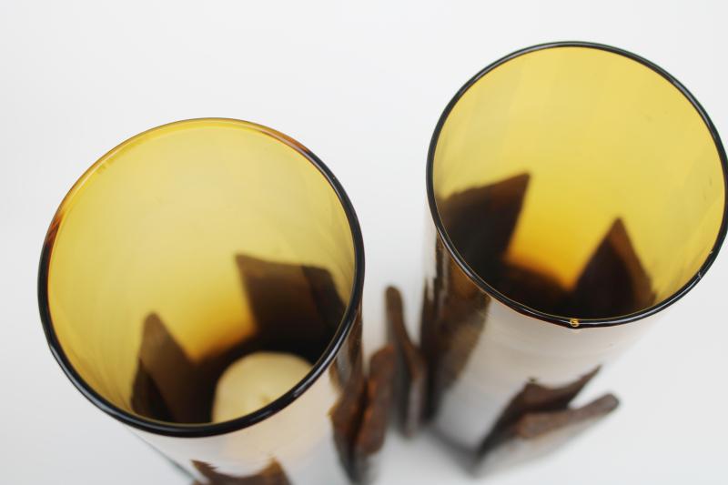 photo of 60s 70s mod vintage candle holders, amber glass hurricanes w/ wood stands #6