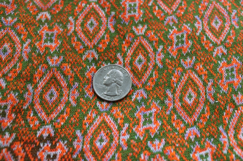 photo of 60s 70s mod vintage cotton knit pantsuit hot pants fabric, avocado green & vivid orange brocade #2