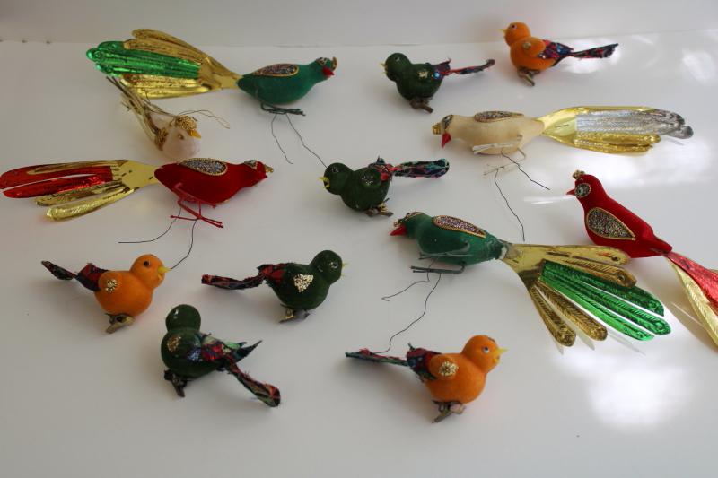 photo of 60s 70s mod vintage flocked bird Christmas ornaments lot w/ glitter, foil, bead trims #1