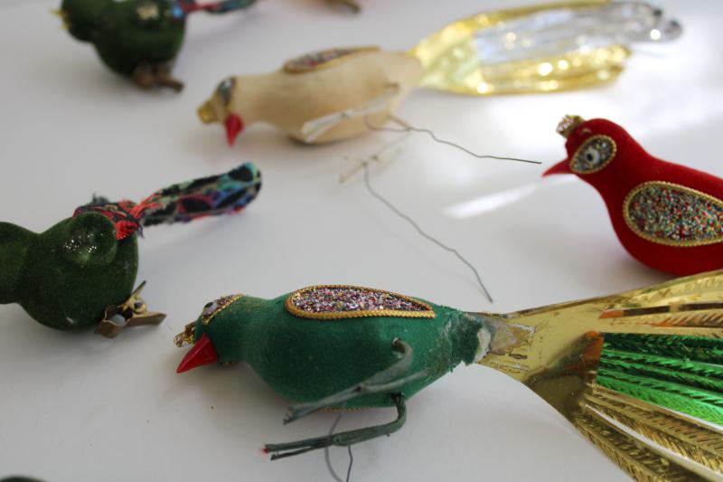 photo of 60s 70s mod vintage flocked bird Christmas ornaments lot w/ glitter, foil, bead trims #2