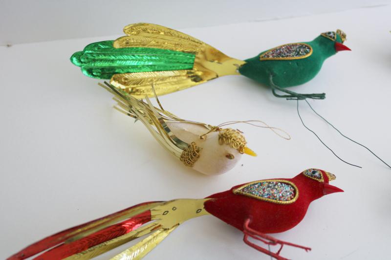 photo of 60s 70s mod vintage flocked bird Christmas ornaments lot w/ glitter, foil, bead trims #4