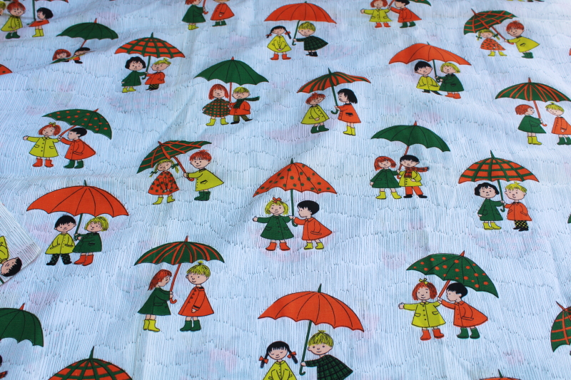 photo of 60s 70s mod vintage novelty print cotton fabric, boy & girl w/ rainy day umbrellas #1