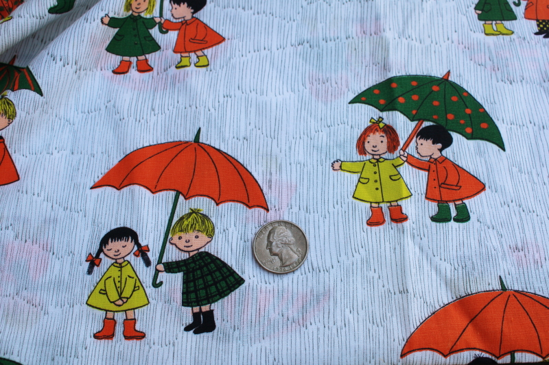 photo of 60s 70s mod vintage novelty print cotton fabric, boy & girl w/ rainy day umbrellas #2