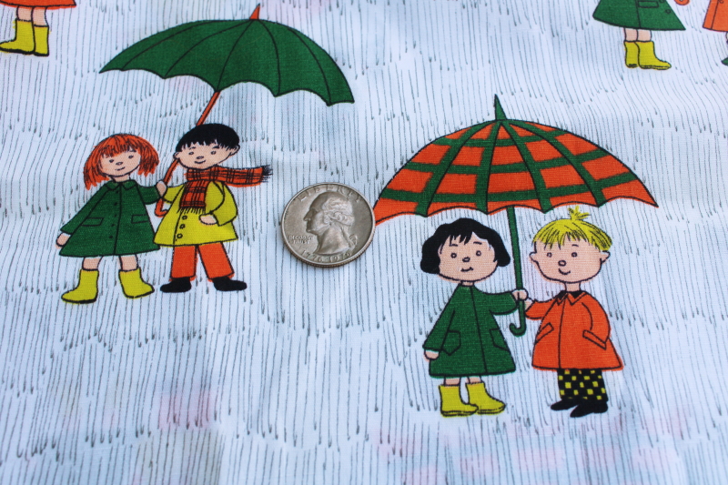 photo of 60s 70s mod vintage novelty print cotton fabric, boy & girl w/ rainy day umbrellas #3