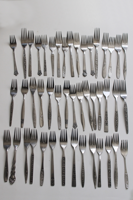 photo of 60s 70s mod vintage stainless flatware, lot of dinner & salad forks, mismatched patterns 46 pieces  #1