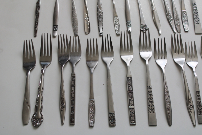 photo of 60s 70s mod vintage stainless flatware, lot of dinner & salad forks, mismatched patterns 46 pieces #2