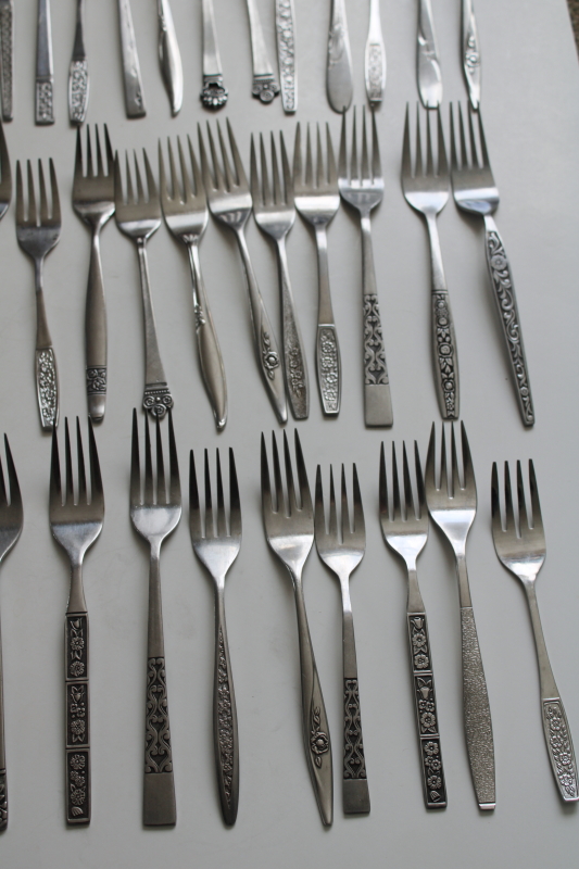 photo of 60s 70s mod vintage stainless flatware, lot of dinner & salad forks, mismatched patterns 46 pieces #3
