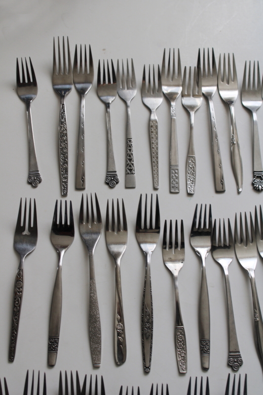 photo of 60s 70s mod vintage stainless flatware, lot of dinner & salad forks, mismatched patterns 46 pieces #4
