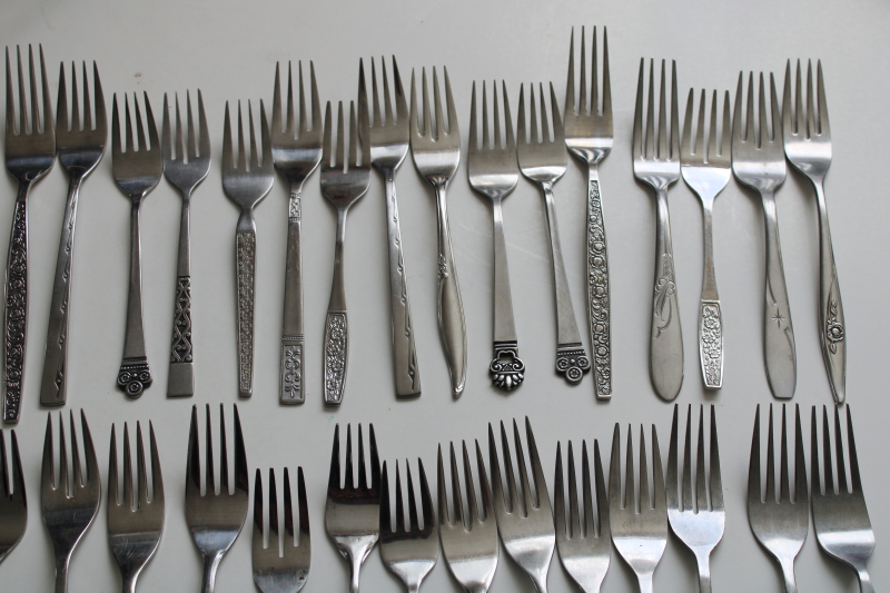 photo of 60s 70s mod vintage stainless flatware, lot of dinner & salad forks, mismatched patterns 46 pieces #5