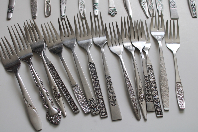 photo of 60s 70s mod vintage stainless flatware, lot of dinner & salad forks, mismatched patterns 46 pieces #6