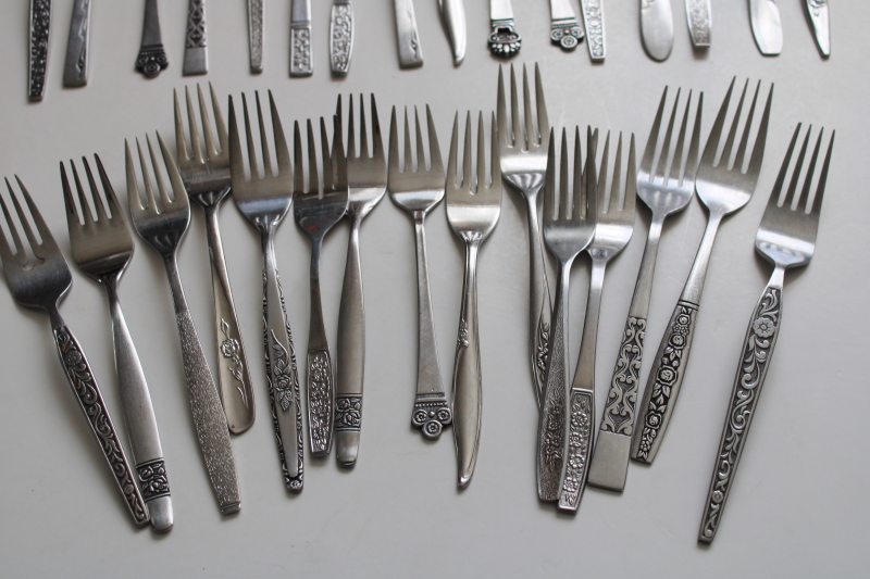 photo of 60s 70s mod vintage stainless flatware, lot of dinner & salad forks, mismatched patterns 46 pieces #7