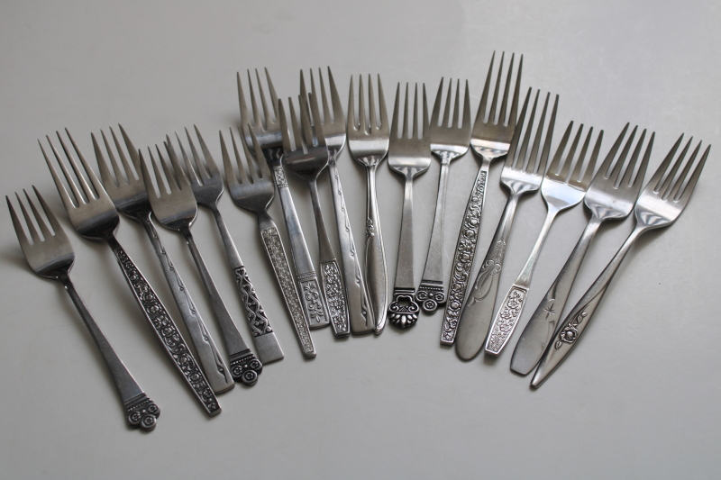 photo of 60s 70s mod vintage stainless flatware, lot of dinner & salad forks, mismatched patterns 46 pieces #8