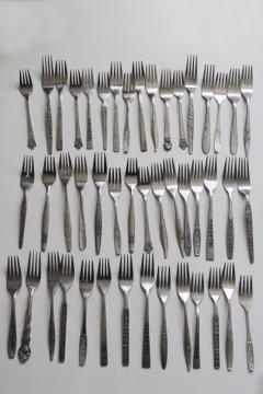 catalog photo of 60s 70s mod vintage stainless flatware, lot of dinner & salad forks, mismatched patterns 46 pieces 