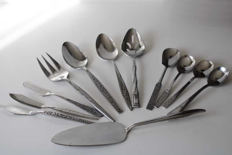 photo of 60s 70s mod vintage stainless flatware, lot of serving pieces forks spoons butter knives mismatched patterns  #1