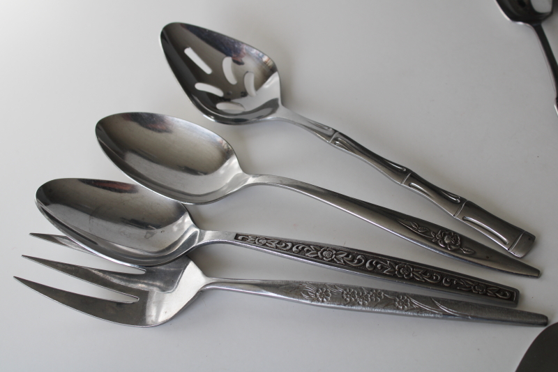 photo of 60s 70s mod vintage stainless flatware, lot of serving pieces forks spoons butter knives mismatched patterns #3