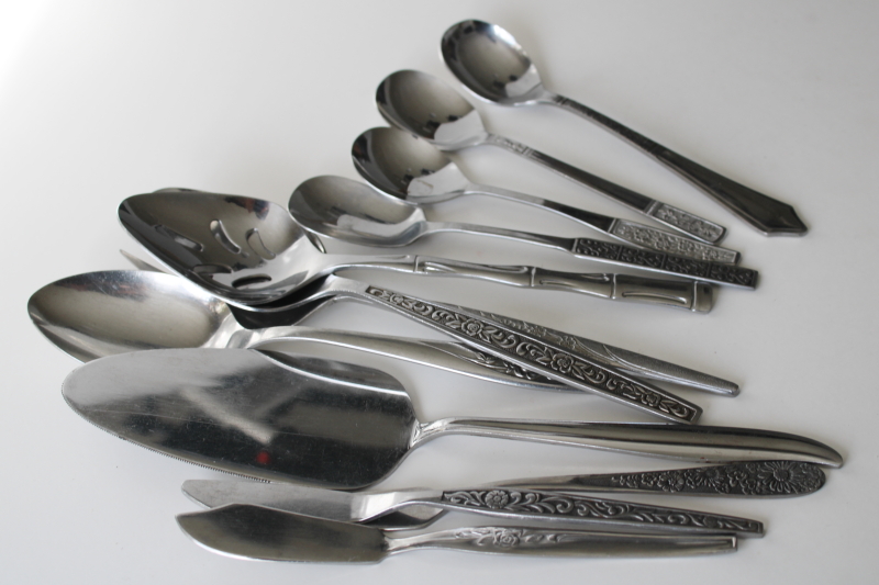 photo of 60s 70s mod vintage stainless flatware, lot of serving pieces forks spoons butter knives mismatched patterns #7