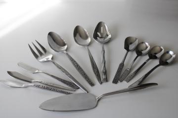 catalog photo of 60s 70s mod vintage stainless flatware, lot of serving pieces forks spoons butter knives mismatched patterns 
