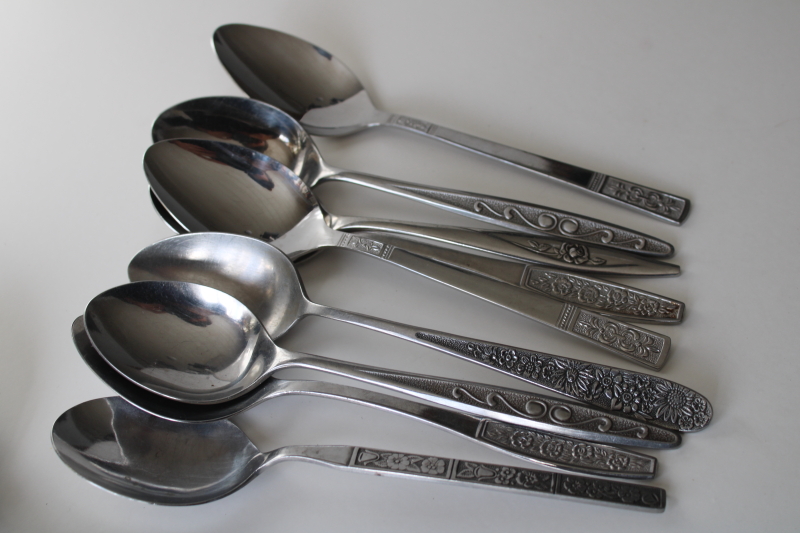 photo of 60s 70s mod vintage stainless flatware, lot of soup spoons mismatched patterns 22 pieces #3