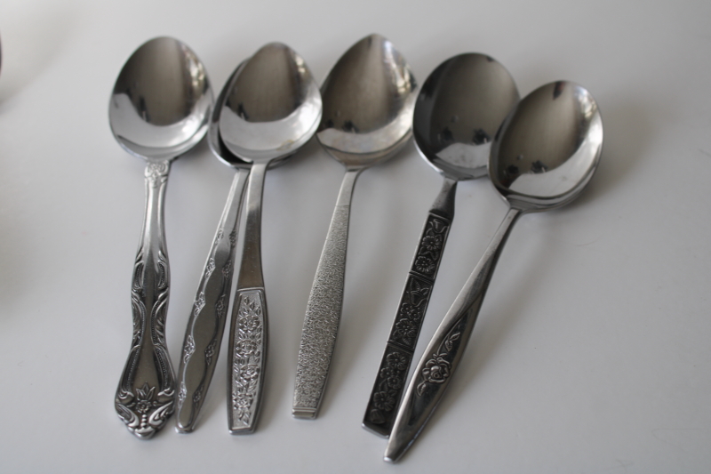 photo of 60s 70s mod vintage stainless flatware, lot of soup spoons mismatched patterns 22 pieces #4