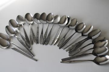 catalog photo of 60s 70s mod vintage stainless flatware, lot of soup spoons mismatched patterns 22 pieces 