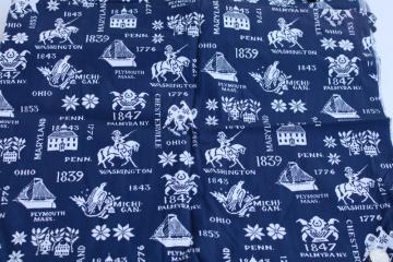 catalog photo of 60s 70s vintage Americana print colonial cities historic dates navy blue w/ white